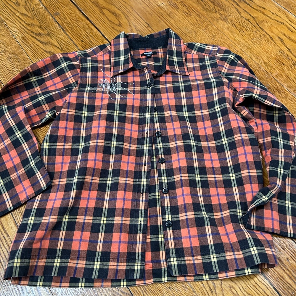 Krazy Kat Halloween plaid shirt with sequin spider. Size Large.